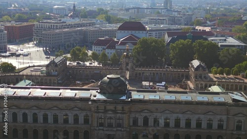 Dresden construction Zwinger, Opera at River. Magic aerial top view flight drone photo