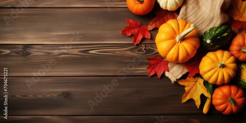 Fall-themed flat lay with pumpkins, leaves, tomato, towel on wooden table. Autumn Harvest concept, top view.