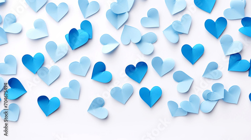 Blue hearts on a white background. Valentine's day background with blue hearts on white background, flat lay.