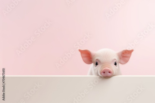 Happy cute mini pig isolated on pink background. Happy funny piglet. Exotic domestic pet. Vegan and vegetarian concept. Animal health, love of nature © ratatosk