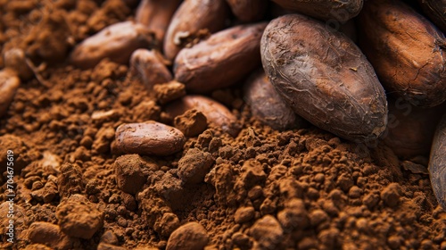 A close-up view of cocoa, revealing its rich and textured appearance