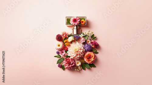 Colorful flowers in perfume shape against pastel pink background. Creative flowers design. Perfumery decoration. Fragrance, cosmetics, cologne.