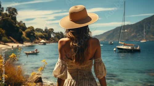 Lady in a straw hat looking at the ocean © duyina1990