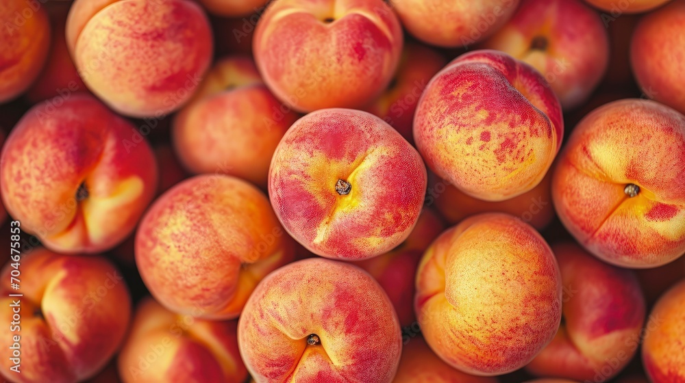 top View Background of Fresh, Ripe Peaches in Close-Up. top View Background of Fresh, Ripe Peaches in Close-Up.