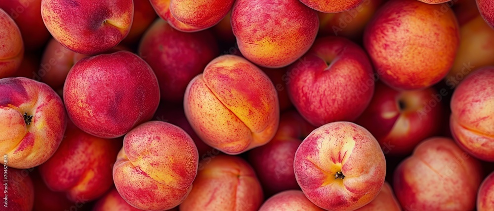 top View Background of Fresh, Ripe Peaches in Close-Up. top View Background of Fresh, Ripe Peaches in Close-Up.