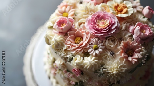  a close up of a cake with white frosting and pink and yellow flowers on top of a white plate.