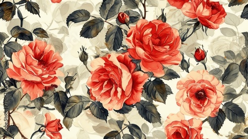  a bunch of red roses with leaves on a white background with a pattern of red roses on a white background.