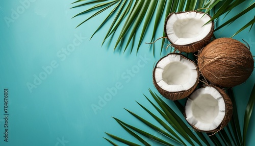 Composition with fresh coconut halfies on palm leaves on turquoise blue light background, Coconut and coconut tree branch on blue background, Coconut with jars of coconut oil and cosmetic cream  photo