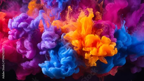 Splash of colored paint, water or smoke on a dark background, abstract pattern, bright eruption of colorful powder, Holi holiday