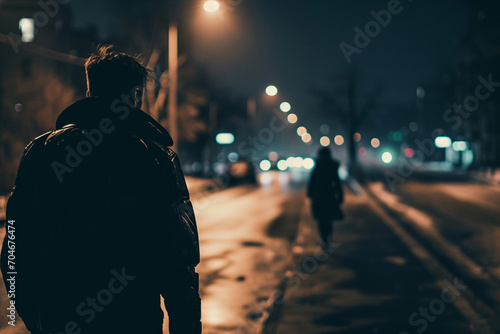 Man following woman in dark street, night, stalking, crime, mugger, scary worry violence, city danger silhouette life footsteps two people girl man, afraid. photo