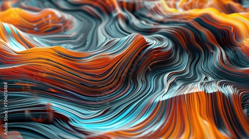  a close up view of a wavy pattern of orange, blue, and orange colors on a black background with a white border.