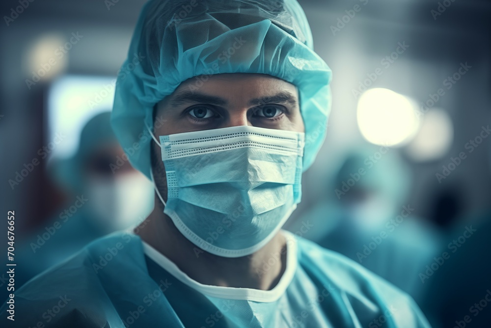 Male Surgeon in Medicine Mask and Hat in the Operating Room Male Surgeon in Medicine Mask and Hat in the Operating Room