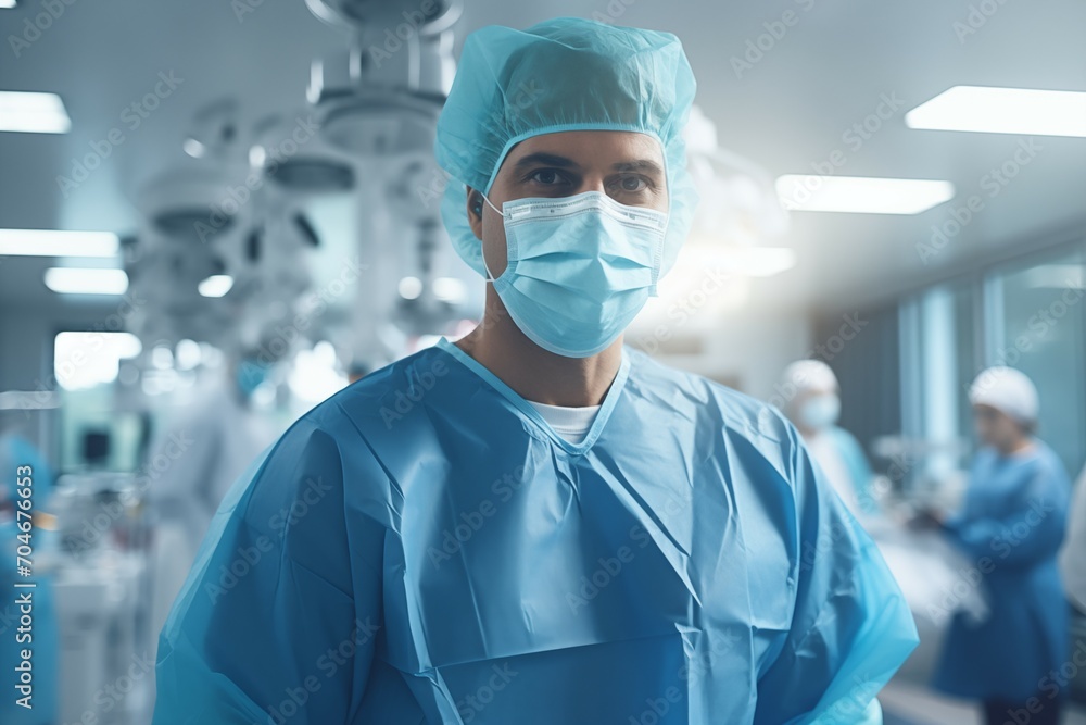 Male Surgeon in Medicine Mask and Hat in the Operating Room Male Surgeon in Medicine Mask and Hat in the Operating Room