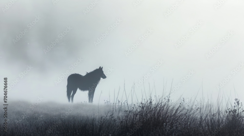 a horse standing in the middle of a field on a foggy day with tall grass in the foreground. a horse standing in the middle of a field on a foggy day with tall grass in the foreground.