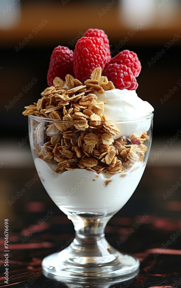 Granola and yogurt parfait in a clear glass,vertical Granola and yogurt parfait in a clear glass,vertical