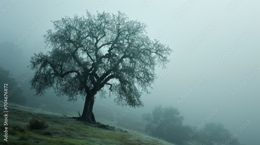 a foggy tree on a hill in the middle of the day with trees in the foreground and grass in the foreground. a foggy tree on a hill in the middle of the day with trees in the foreground and grass in the foreground.