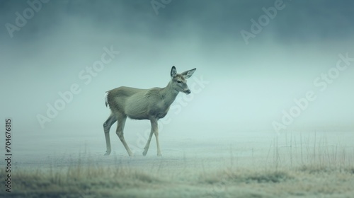  a deer standing in the middle of a field on a foggy day with tall grass in the foreground.