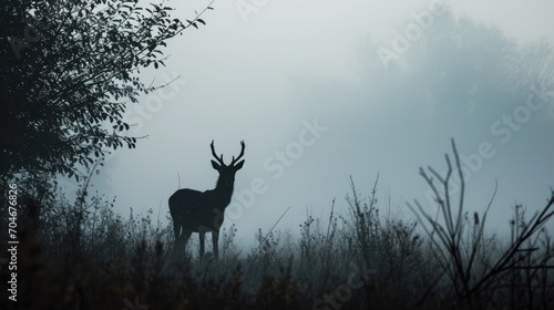  a black and white photo of a deer standing in a foggy field with a tree in the foreground.