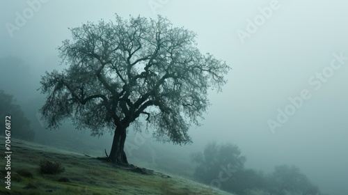  a foggy tree on a hill in the middle of the day with trees in the foreground and grass in the foreground.