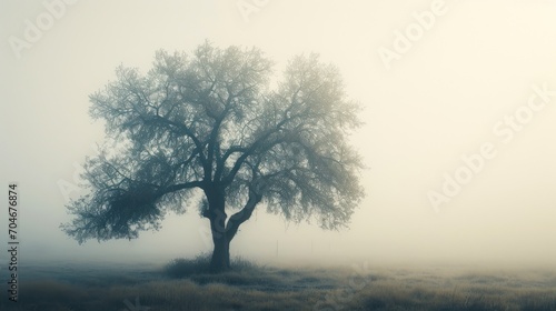  a foggy field with a lone tree in the middle of the field on a foggy, overcast day.