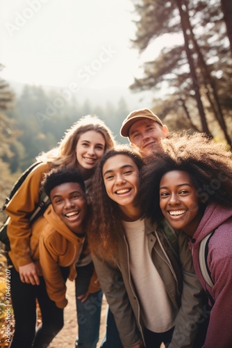 Diverse group of friends hiking in the woods