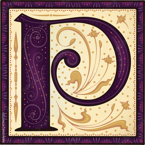 Medieval letter P .Font.Alphabet.Typeface.Ancient book miniature. 