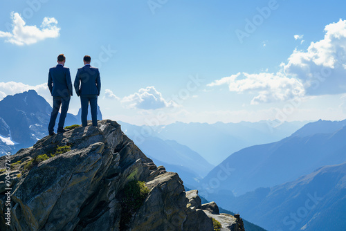 Two people in business suits are standing on top of a mountain