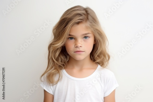 Portrait of a little girl with long blond hair on a white background