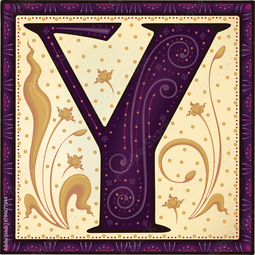 Medieval letter R .Font.Alphabet.Typeface.Ancient book miniature.Y