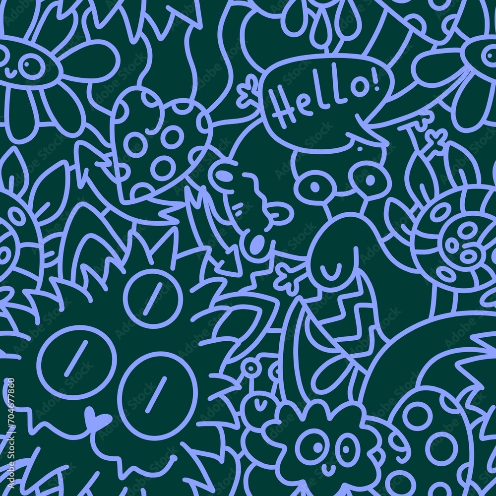 Cartoon doodle seamless monster and cat and frogs and snails pattern for fabrics and linens and kids clothes print