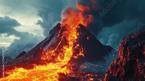 Volcanic eruption with smoke and red lava. Natural disaster
