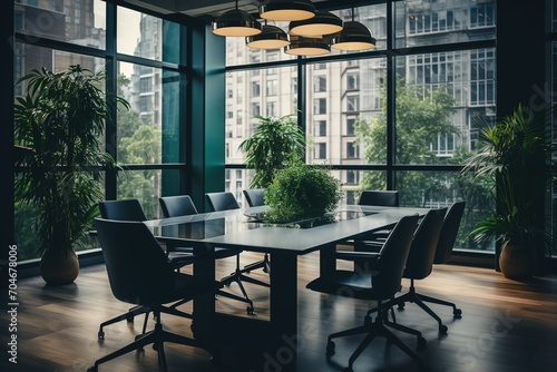 Modern office interior with large windows and plants