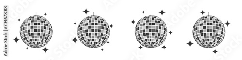 Set of mirror discoballs with glares. Shining nightclub spheres. Dance music party glitterballs. Vintage mirrorballs in 70s 80s 90s discotheque style. Nigh club symbols photo