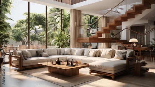 Modern luxury living room interior with large windows and tropical garden view © duyina1990
