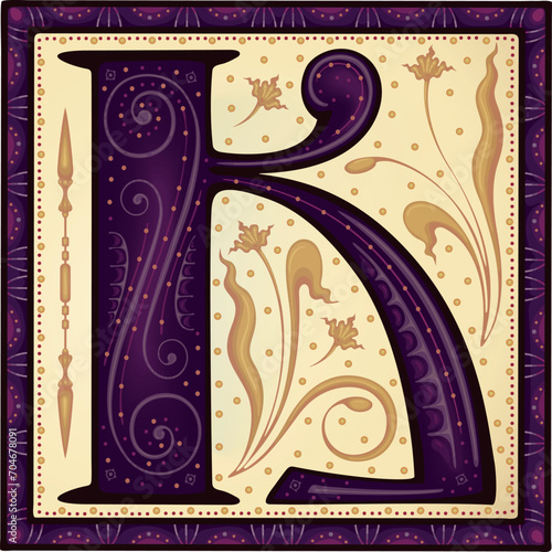 Medieval letter K .Font.Alphabet.Typeface.Ancient book miniature.