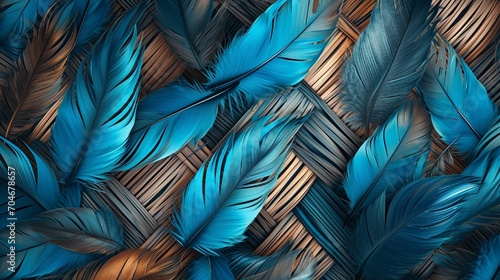 3D wallpaper blending blue  turquoise feather motifs  and light drawing elements with oak and nut wood wicker textures  Photography  detailed and vibrant 