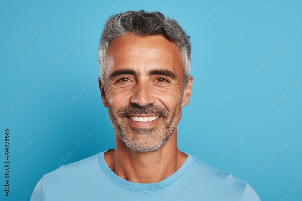 Handsome mature man smiling and looking at camera against blue background Handsome mature man smiling and looking at camera against blue background