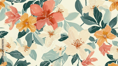  a floral pattern with orange, yellow, and green flowers on a white background with a green leafy border.