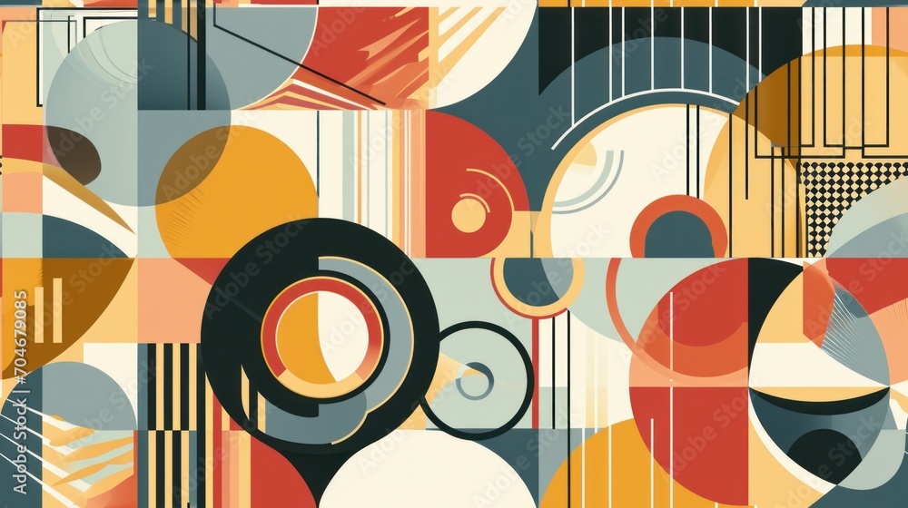 a multicolored abstract pattern with circles and lines on a beige background with black, white, red, orange, and grey colors. a multicolored abstract pattern with circles and lines on a beige background with black, white, red, orange, and grey colors.