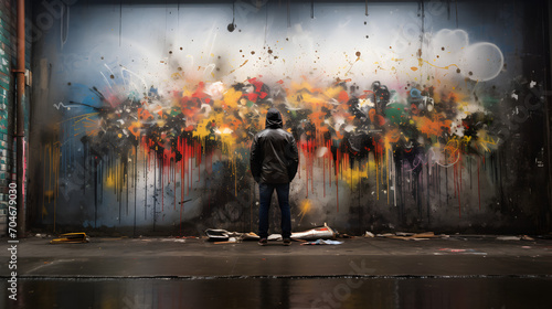 An artist staring at a mural with paint peeling off in a neglected alley. photo