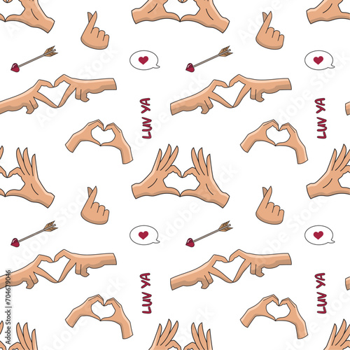 Seamless vector pattern with hands making a heart shape. Love pattern with hands. Valentines day pattern.