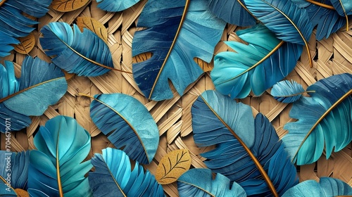 3D wallpaper, blue and turquoise leaf and feather motif, gold elements, light background, oak and nut wood wicker, Artwork, seamless wood integration,