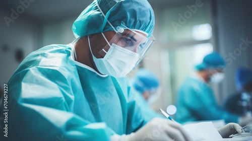 Surgeon in protective gear writing on a clipboard