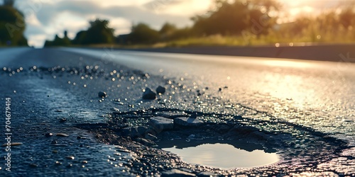 Pothole on a empty road in early morning road maintenance issues concept roads disrepair problem - generative ai photo