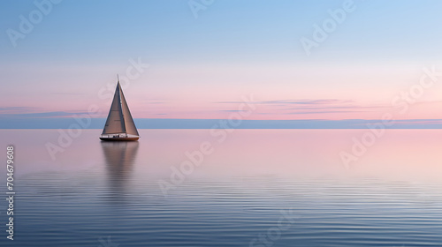 A capsized sailboat on a calm sea at dusk with no one in sight symbolizing solitude and defeat.