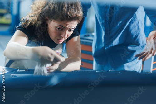 Hardworking repairman in garage finishing mending car, looking underneath vehicle hood to remove remaining oil leaks. Employee does annual engine cleaning on customer automobile in auto repair shop