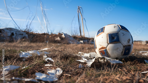 A deflated soccer ball in an abandoned field with goalposts rusting in the distance. photo