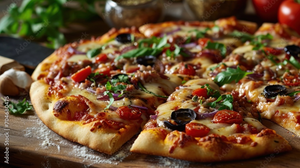 a pizza sitting on top of a wooden cutting board next to a knife and a pepperoni and olive pizza. a pizza sitting on top of a wooden cutting board next to a knife and a pepperoni and olive pizza.