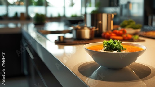  a bowl of soup sitting on top of a counter next to a knife and a bowl of broccoli.