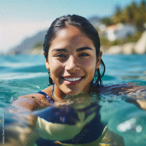 Eine Frau schwimmt entspannt im klaren Wasser im Urlaub im Meer photo